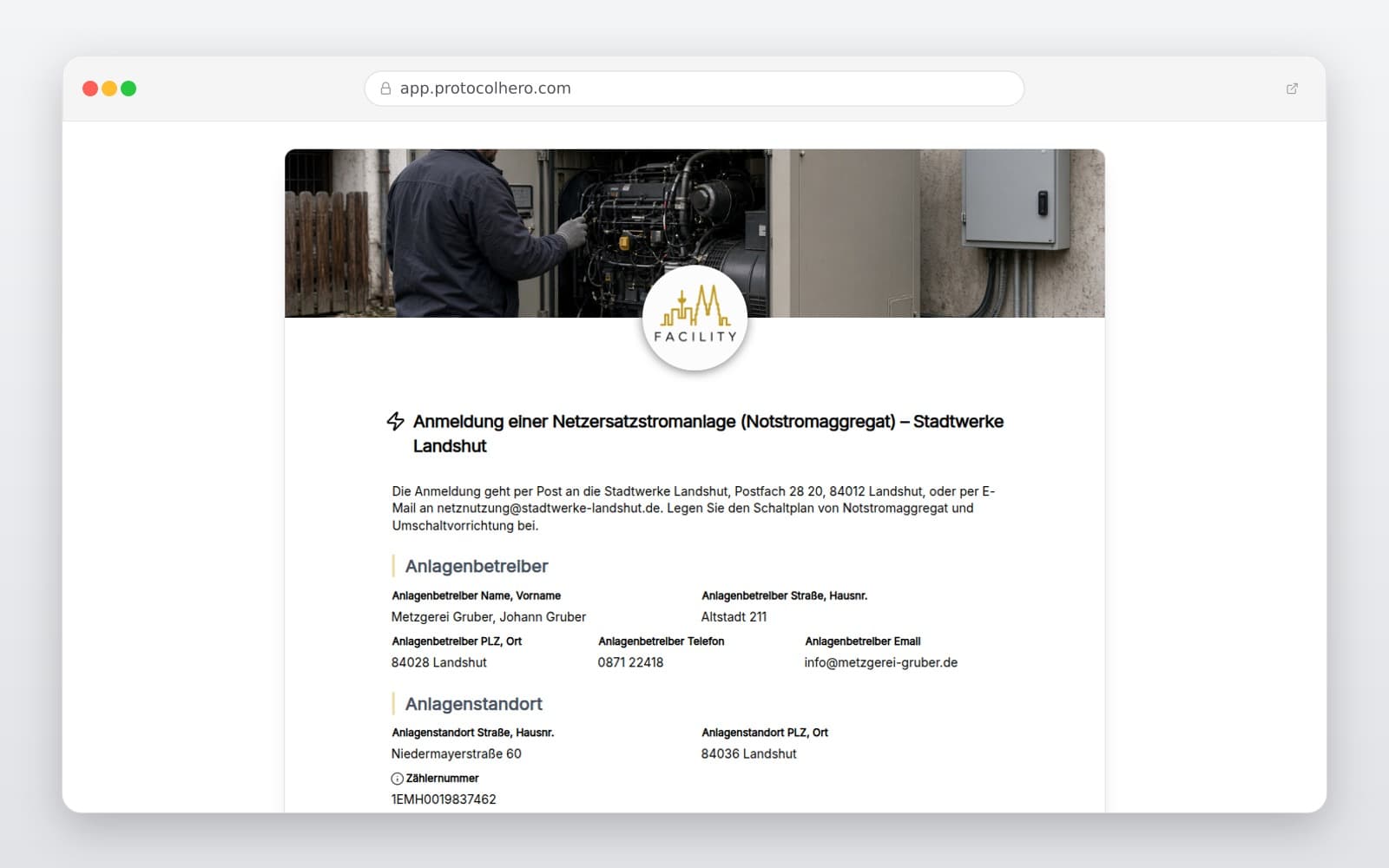 Vorschau der Vorlage „Anmeldung einer Netzersatzstromanlage (Notstromaggregat) – Stadtwerke Landshut"