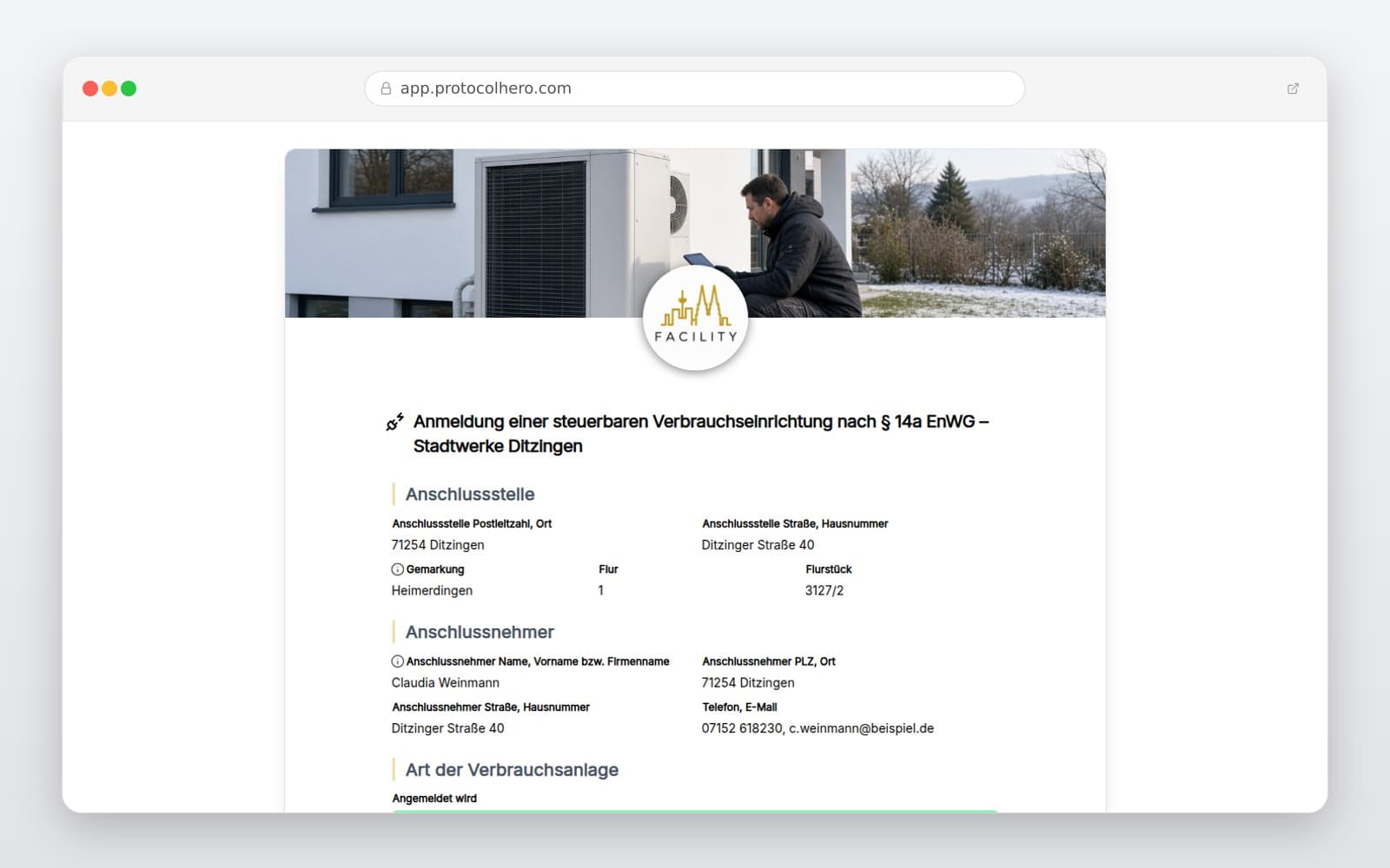 Vorschau der Vorlage „Anmeldung einer steuerbaren Verbrauchseinrichtung nach § 14a EnWG – Stadtwerke Ditzingen"
