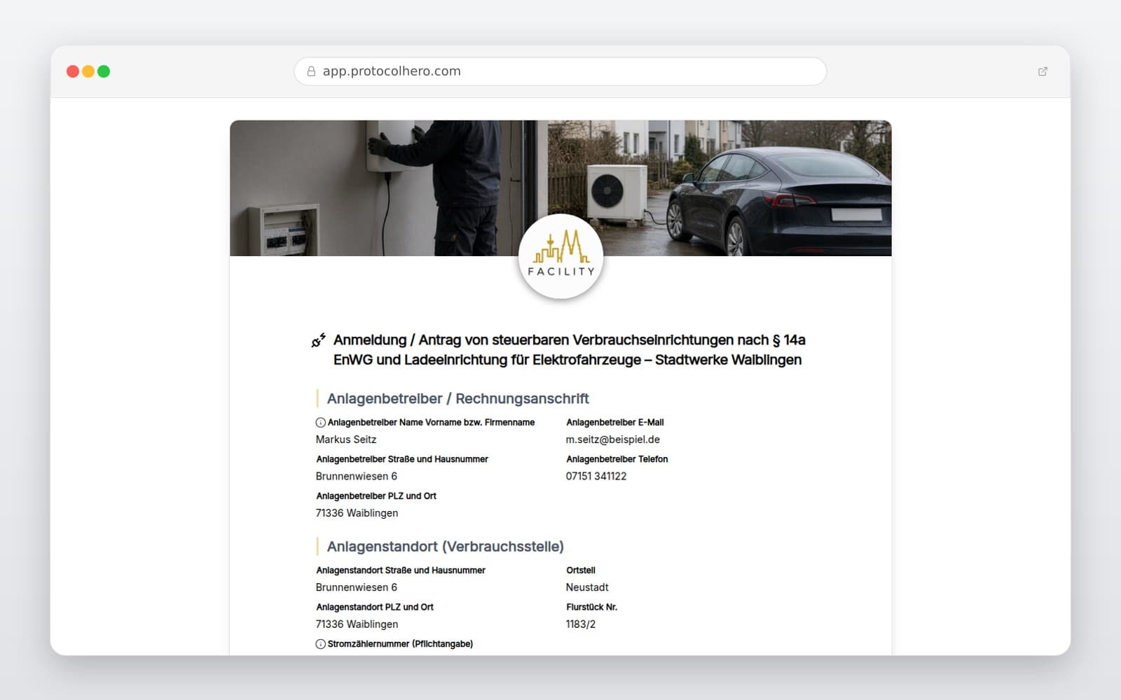 Vorschau der Vorlage „Anmeldung / Antrag von steuerbaren Verbrauchseinrichtungen nach § 14a EnWG und Ladeeinrichtung für Elektrofahrzeuge – Stadtwerke Waiblingen"