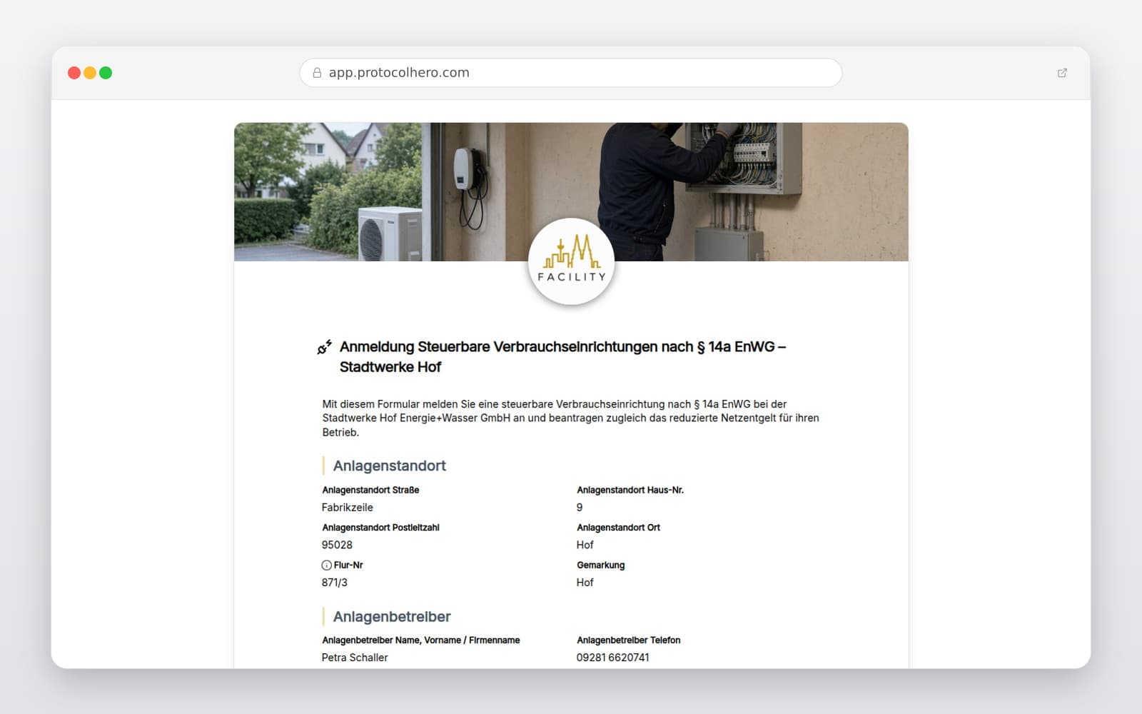 Vorschau der Vorlage „Anmeldung Steuerbare Verbrauchseinrichtungen nach § 14a EnWG – Stadtwerke Hof"