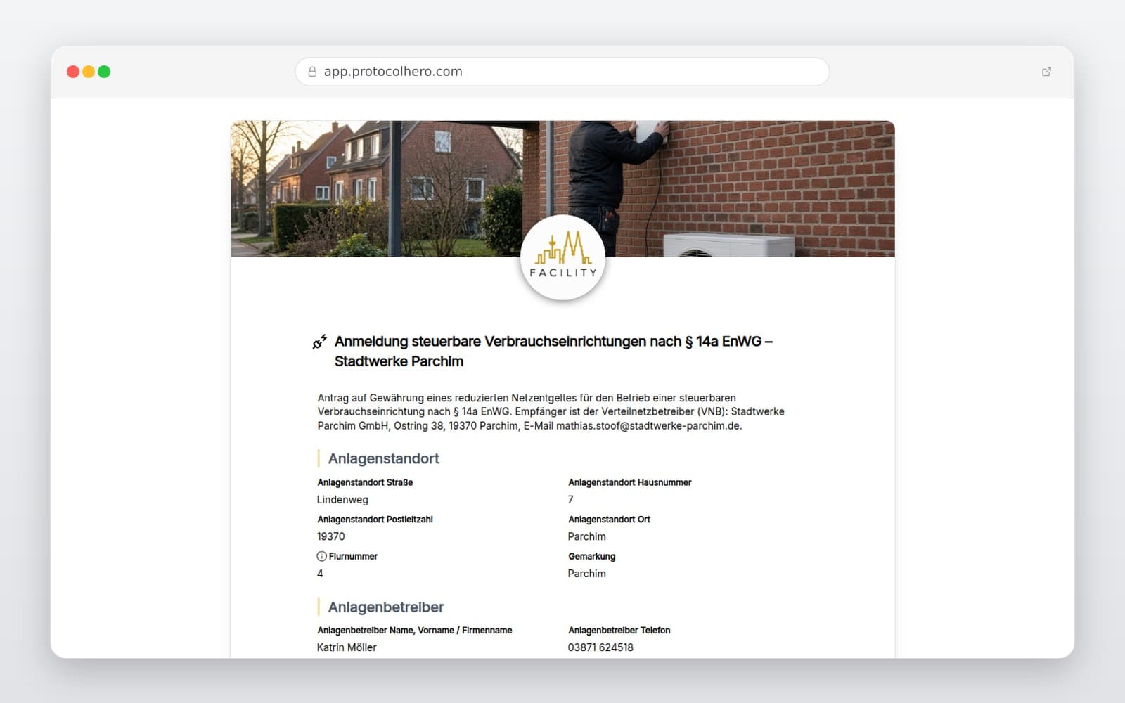 Vorschau der Vorlage „Anmeldung steuerbare Verbrauchseinrichtungen nach § 14a EnWG – Stadtwerke Parchim"