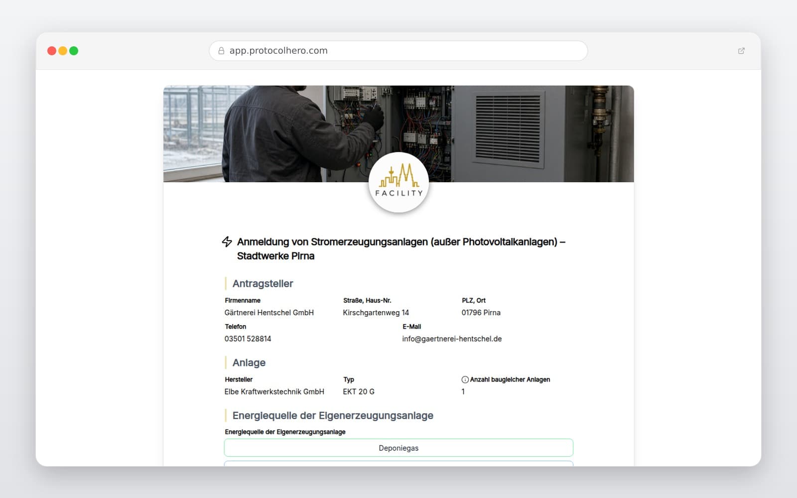Vorschau der Vorlage „Anmeldung von Stromerzeugungsanlagen (außer Photovoltaikanlagen) – Stadtwerke Pirna"