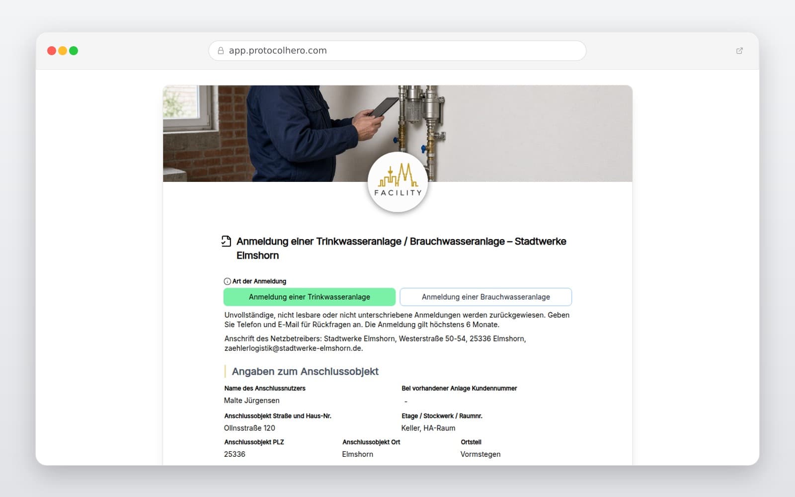 Vorschau der Vorlage „Anmeldung einer Trinkwasseranlage / Brauchwasseranlage – Stadtwerke Elmshorn"