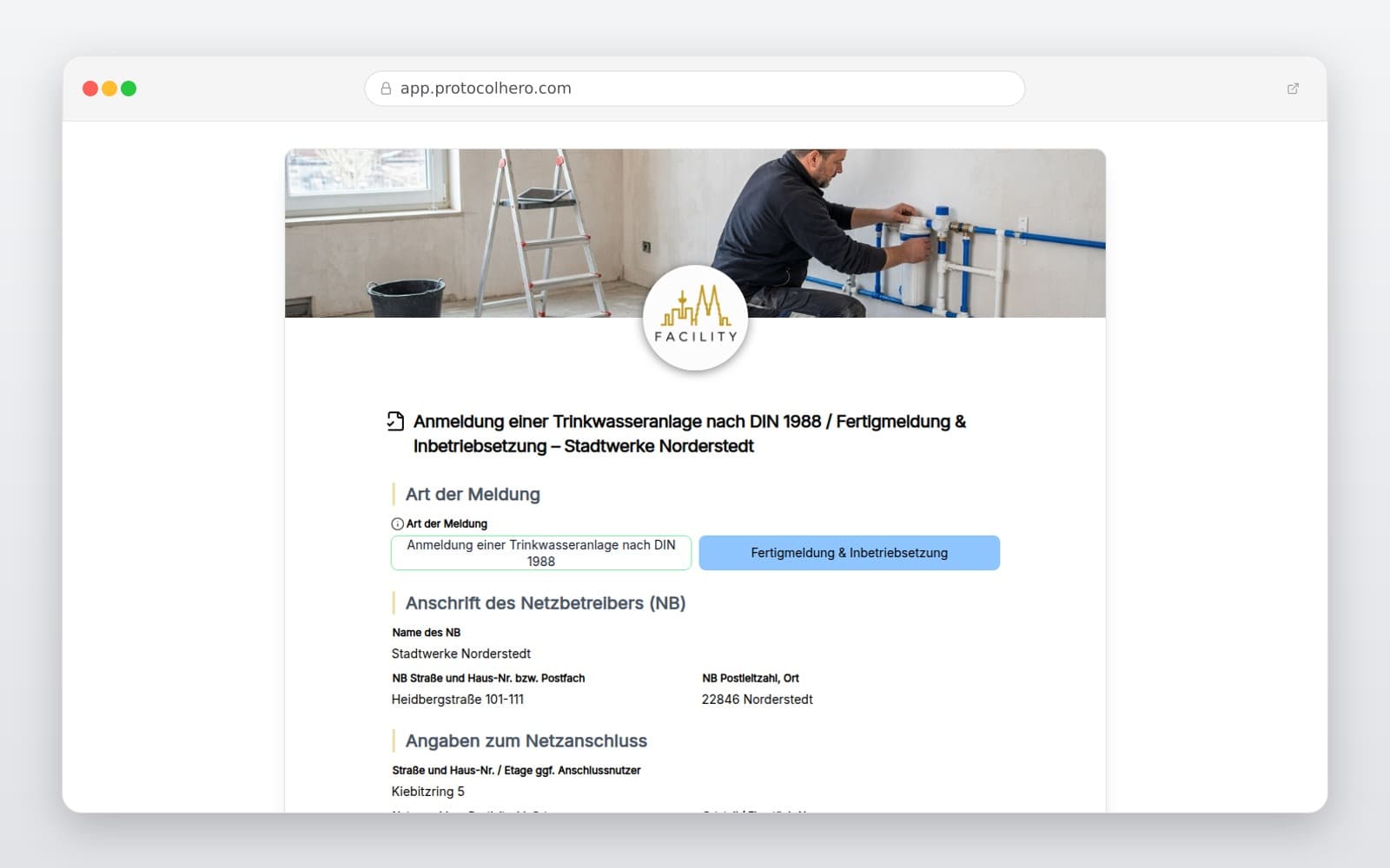 Vorschau der Vorlage „Anmeldung einer Trinkwasseranlage nach DIN 1988 / Fertigmeldung & Inbetriebsetzung – Stadtwerke Norderstedt"