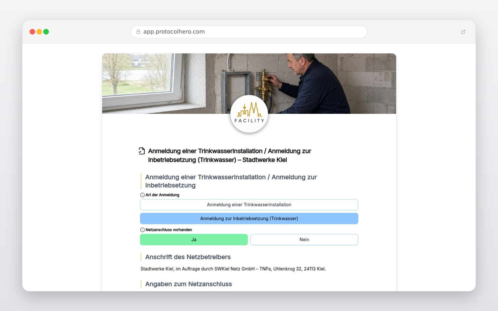 Vorschau der Vorlage „Anmeldung einer Trinkwasserinstallation / Anmeldung zur Inbetriebsetzung (Trinkwasser) – Stadtwerke Kiel"