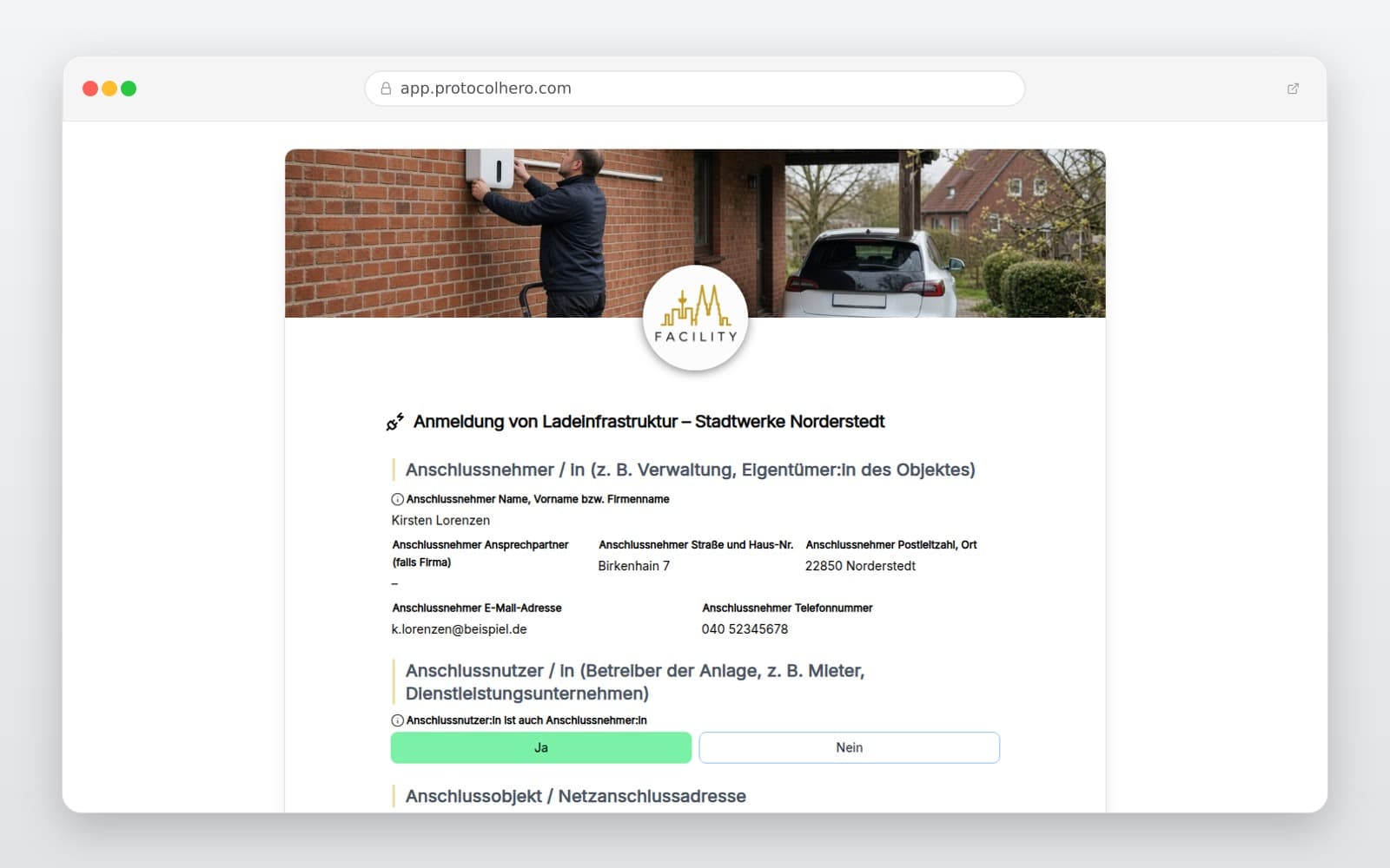 Vorschau der Vorlage „Anmeldung von Ladeinfrastruktur – Stadtwerke Norderstedt"