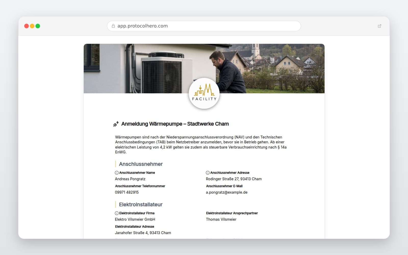Vorschau der Vorlage „Anmeldung Wärmepumpe – Stadtwerke Cham"