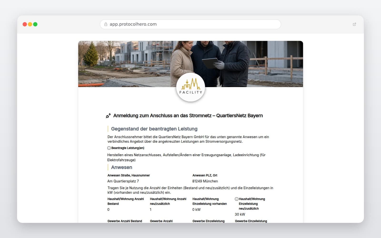 Vorschau der Vorlage „Anmeldung zum Anschluss an das Stromnetz – QuartiersNetz Bayern"