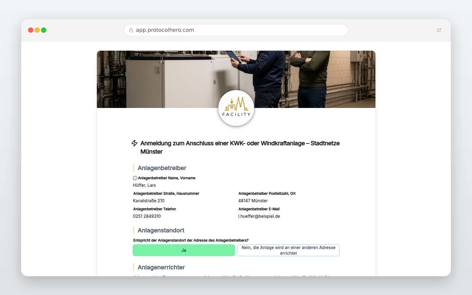 Vorschau der Vorlage „Anmeldung zum Anschluss einer KWK- oder Windkraftanlage – Stadtnetze Münster"