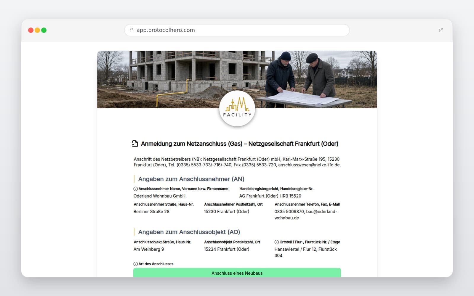 Vorschau der Vorlage „Anmeldung zum Netzanschluss (Gas) – Netzgesellschaft Frankfurt (Oder)"