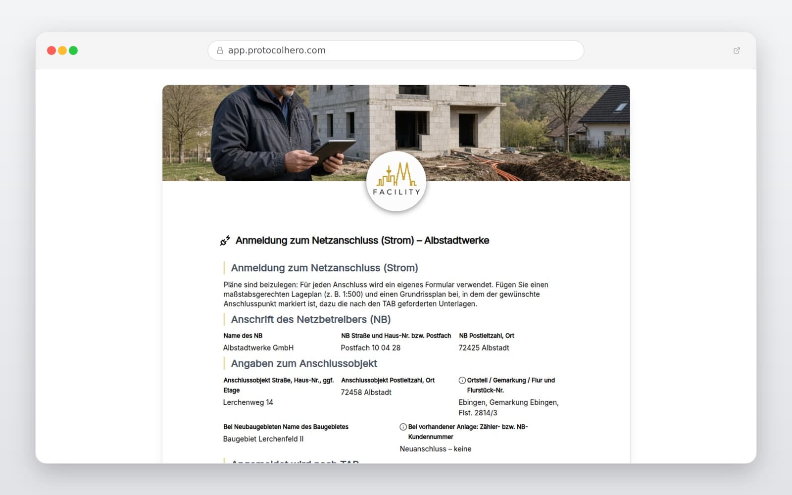 Vorschau der Vorlage „Anmeldung zum Netzanschluss (Strom) – Albstadtwerke"