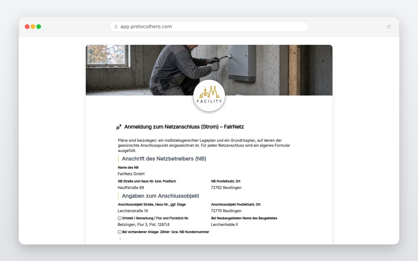 Vorschau der Vorlage „Anmeldung zum Netzanschluss (Strom) – FairNetz"