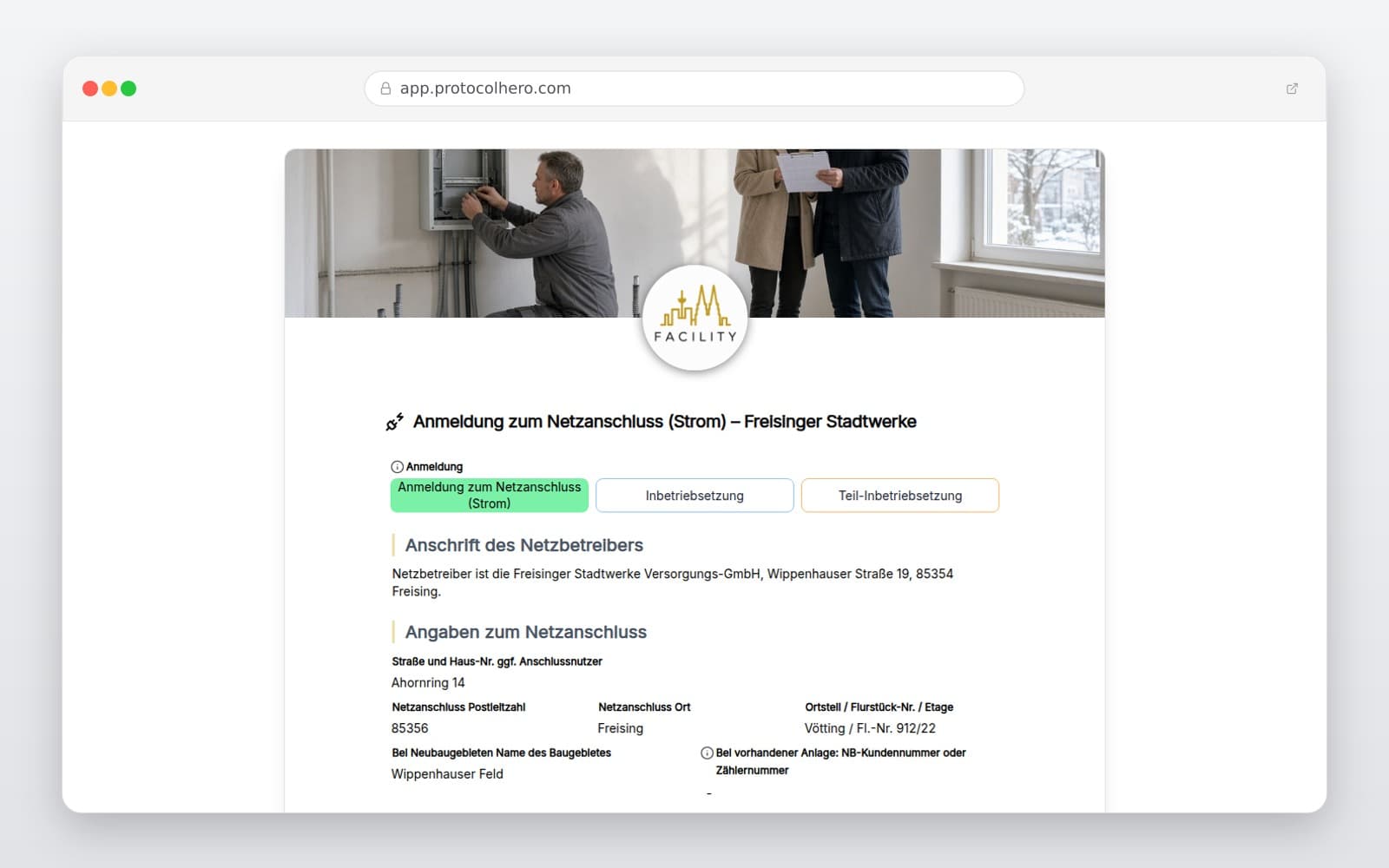 Vorschau der Vorlage „Anmeldung zum Netzanschluss (Strom) – Freisinger Stadtwerke"