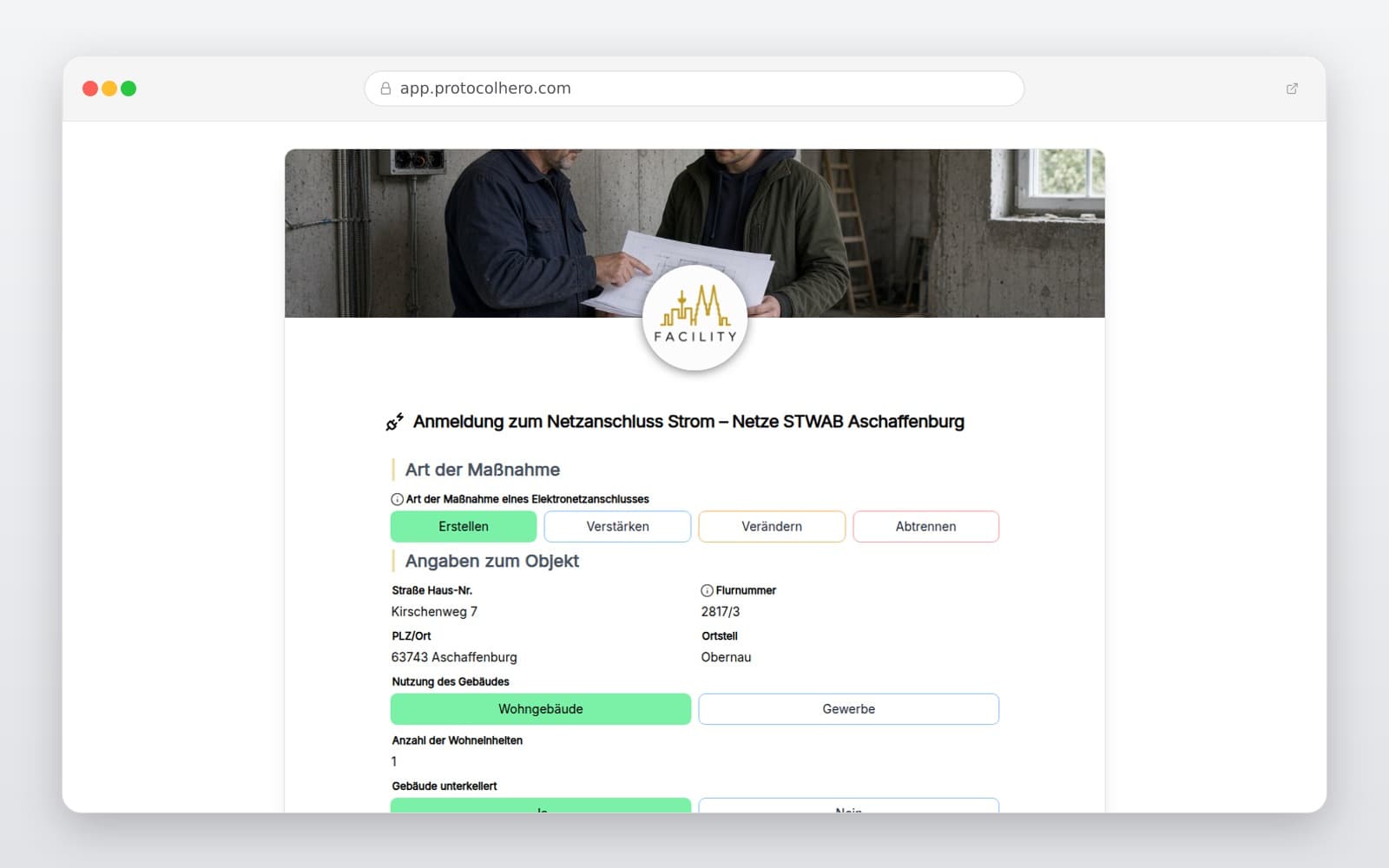 Vorschau der Vorlage „Anmeldung zum Netzanschluss Strom – Netze STWAB Aschaffenburg"