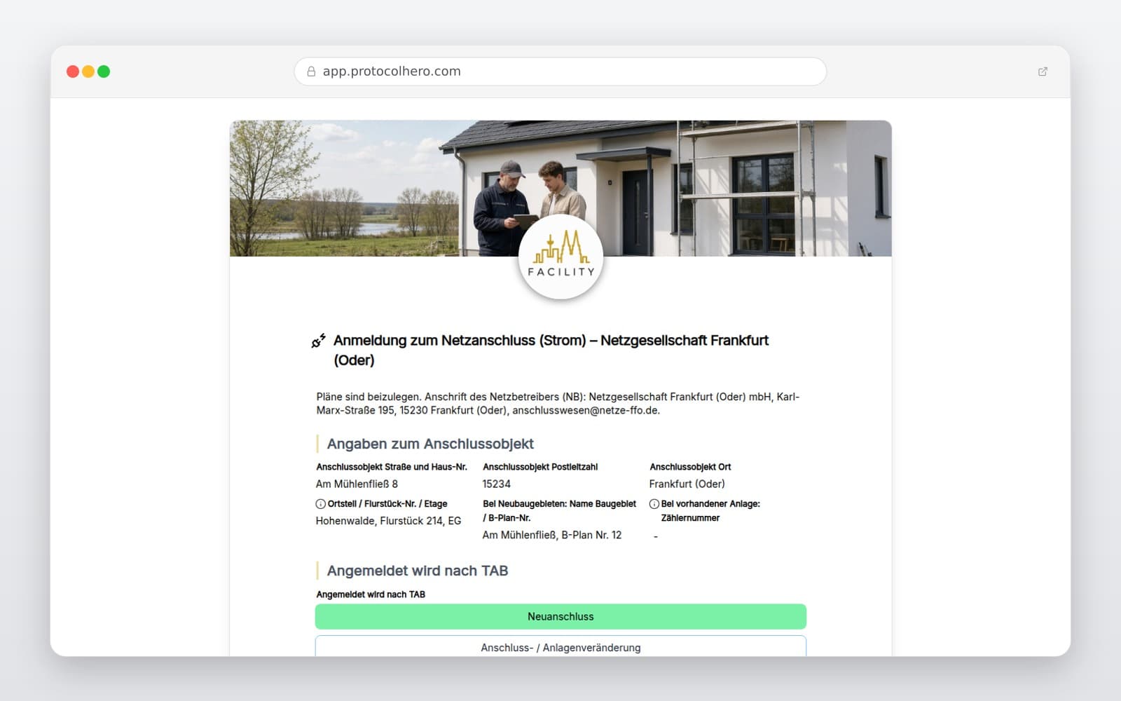 Vorschau der Vorlage „Anmeldung zum Netzanschluss (Strom) – Netzgesellschaft Frankfurt (Oder)"