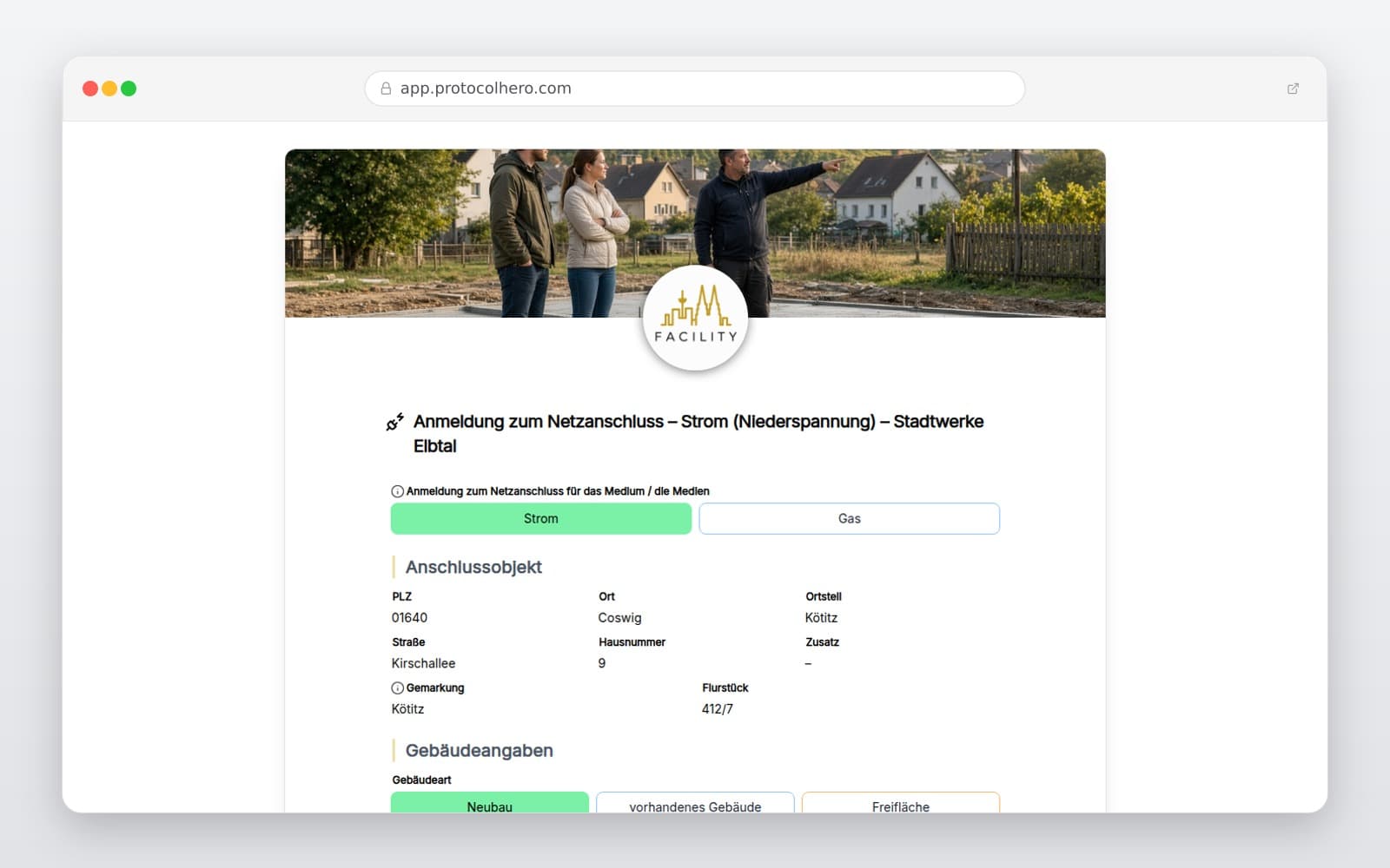 Vorschau der Vorlage „Anmeldung zum Netzanschluss – Strom (Niederspannung) – Stadtwerke Elbtal"