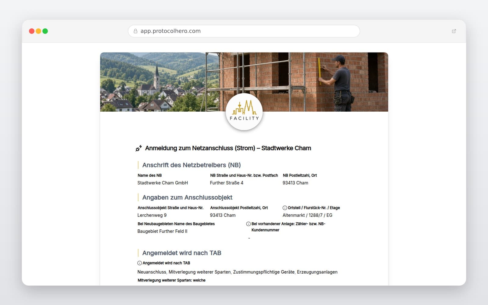 Vorschau der Vorlage „Anmeldung zum Netzanschluss (Strom) – Stadtwerke Cham"