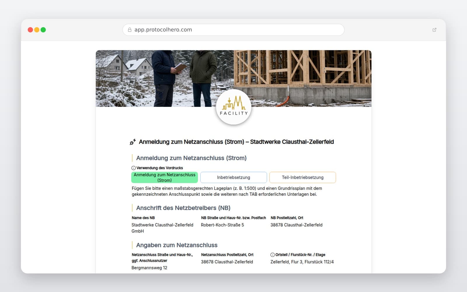 Vorschau der Vorlage „Anmeldung zum Netzanschluss (Strom) – Stadtwerke Clausthal-Zellerfeld"