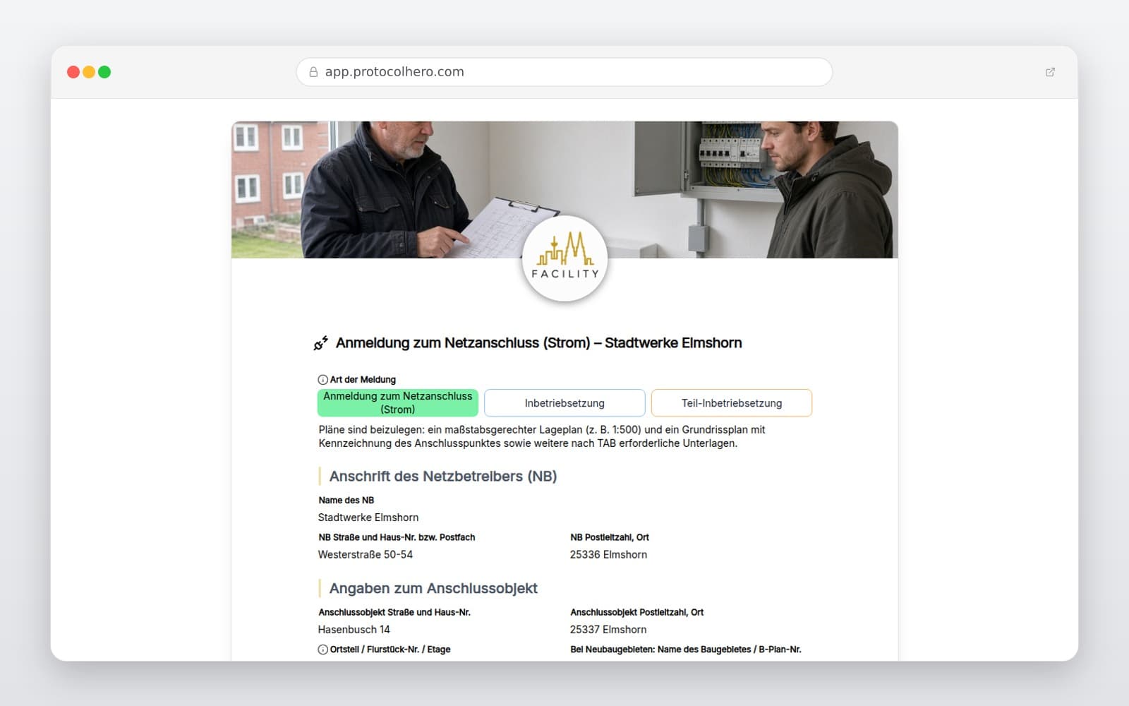 Vorschau der Vorlage „Anmeldung zum Netzanschluss (Strom) – Stadtwerke Elmshorn"