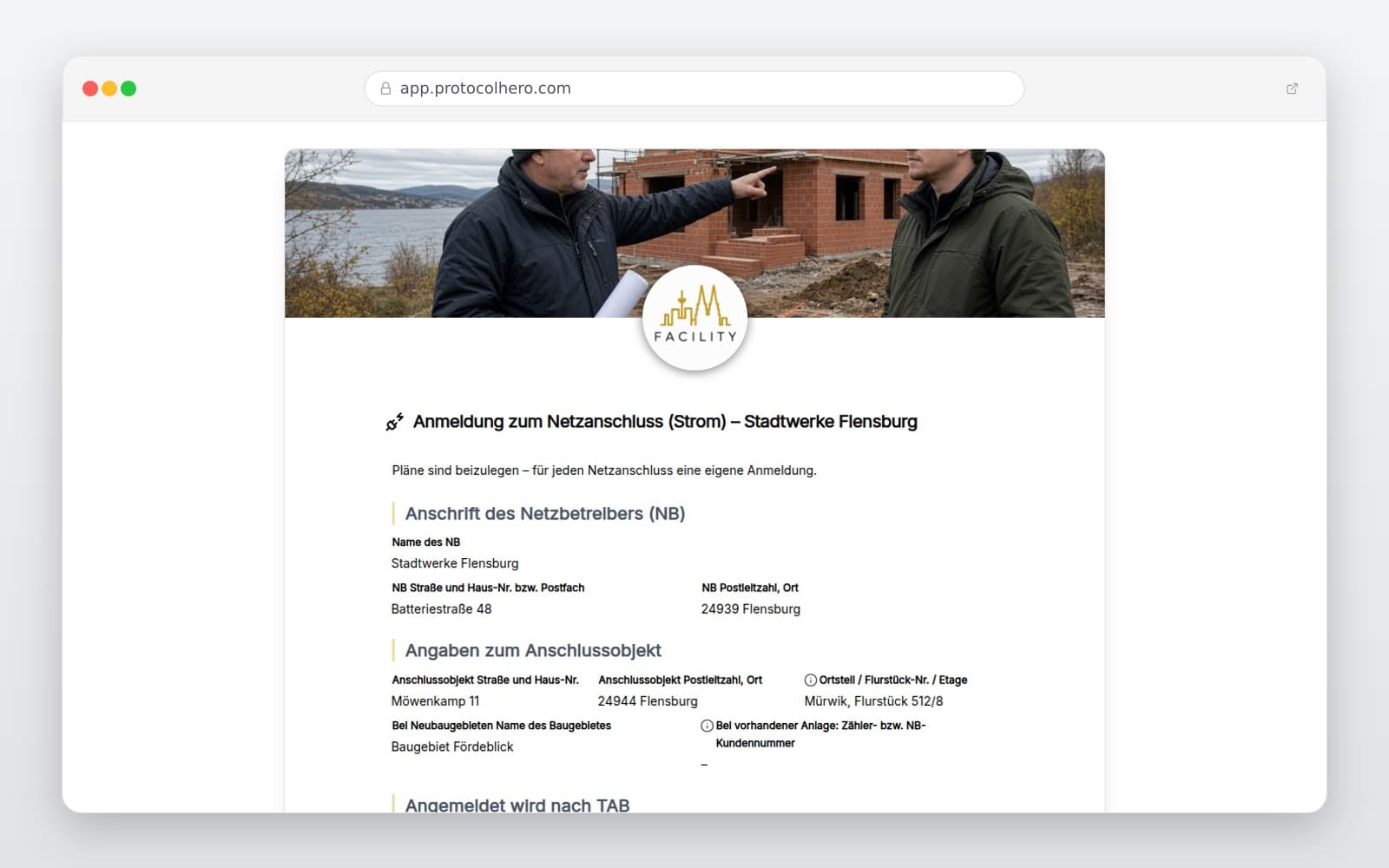 Vorschau der Vorlage „Anmeldung zum Netzanschluss (Strom) – Stadtwerke Flensburg"