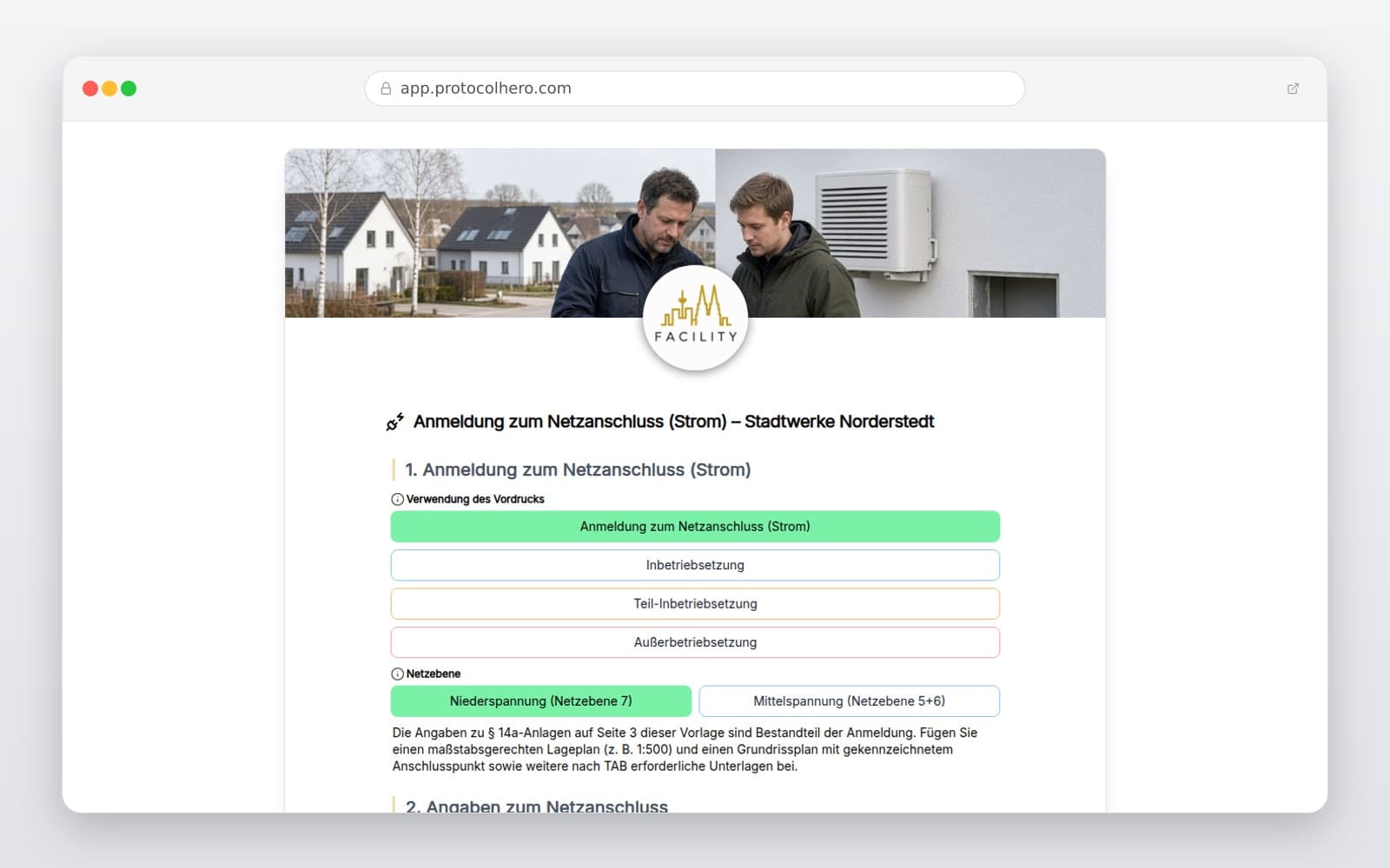 Vorschau der Vorlage „Anmeldung zum Netzanschluss (Strom) – Stadtwerke Norderstedt"
