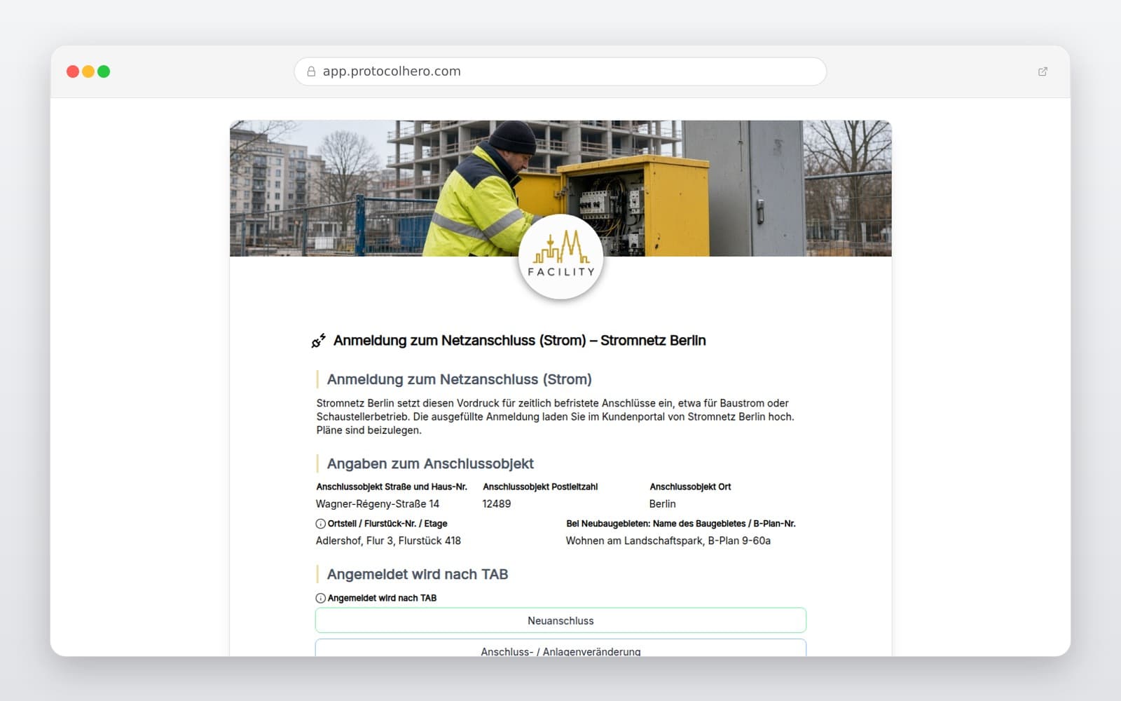 Vorschau der Vorlage „Anmeldung zum Netzanschluss (Strom) – Stromnetz Berlin"