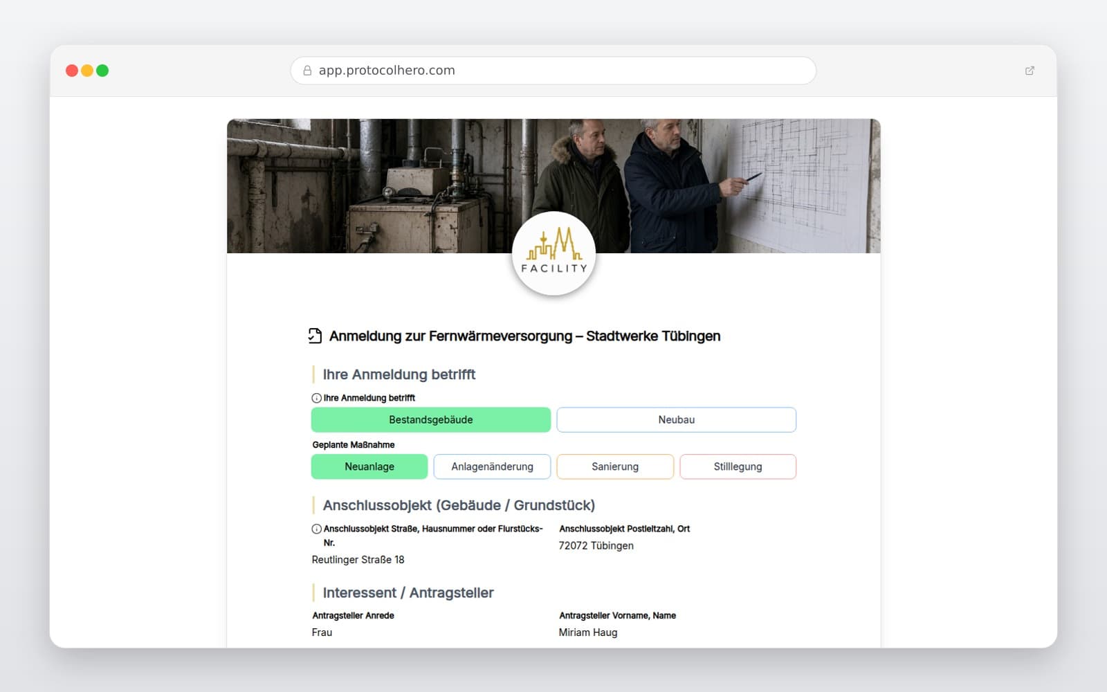 Vorschau der Vorlage „Anmeldung zur Fernwärmeversorgung – Stadtwerke Tübingen"