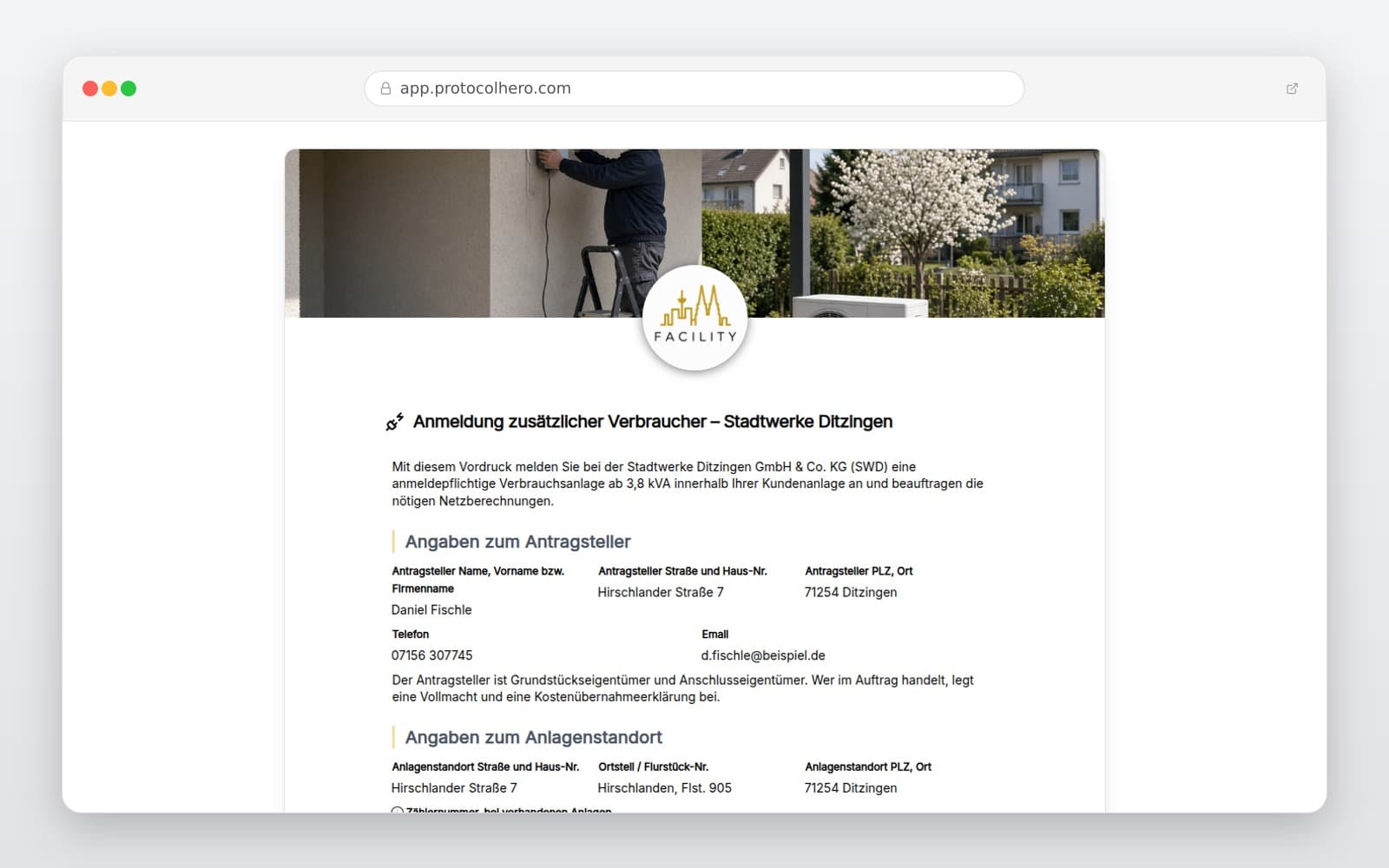 Vorschau der Vorlage „Anmeldung zusätzlicher Verbraucher – Stadtwerke Ditzingen"