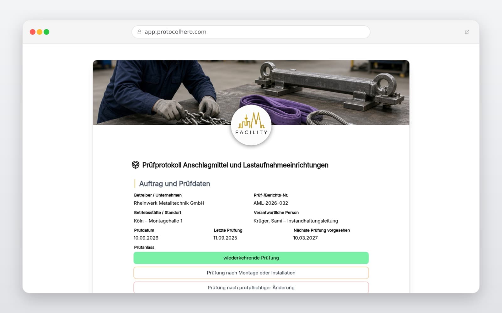 Vorschau der Vorlage „Prüfprotokoll Anschlagmittel & Lastaufnahmemittel"