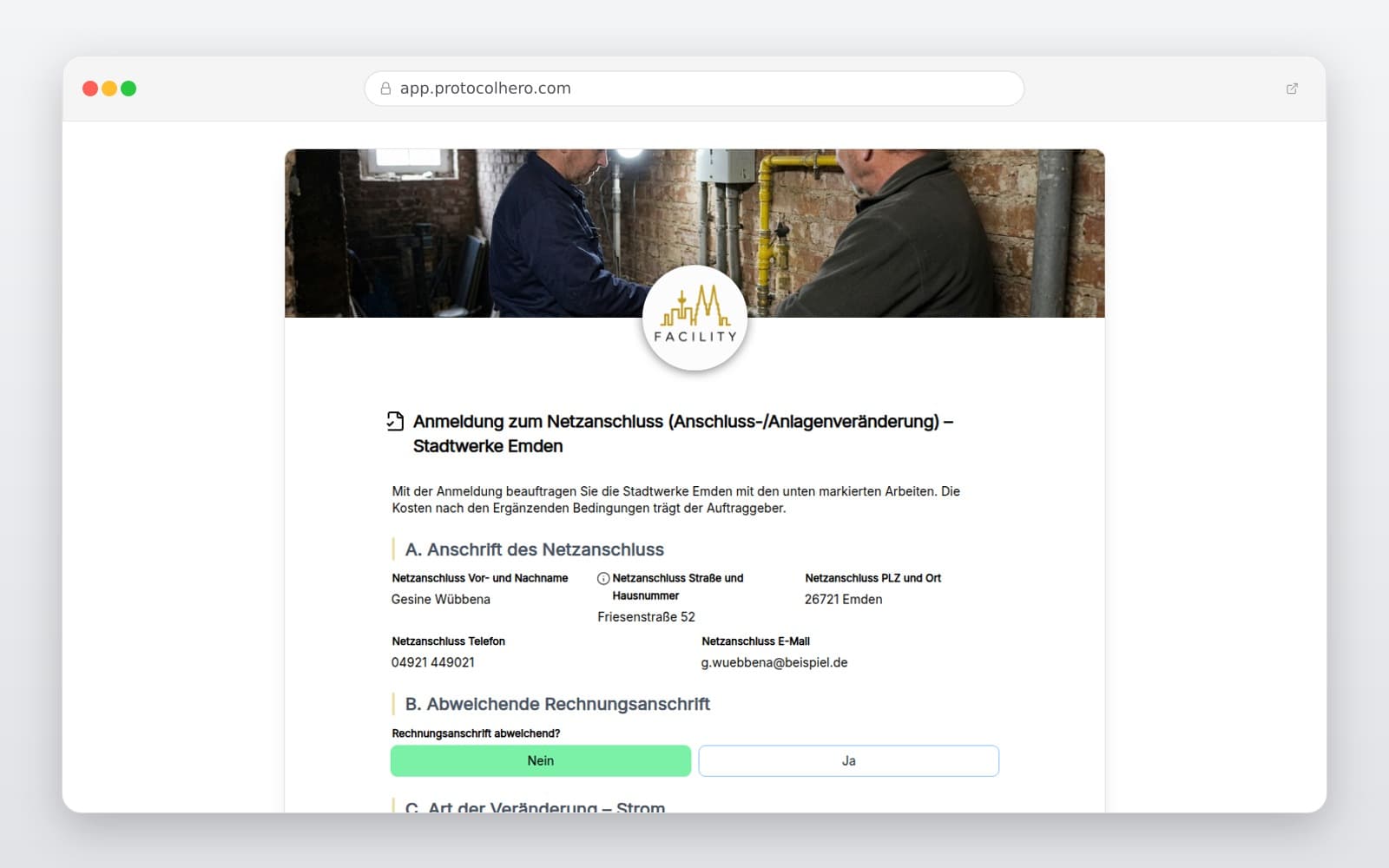 Vorschau der Vorlage „Anmeldung zum Netzanschluss (Anschluss-/Anlagenveränderung) – Stadtwerke Emden"