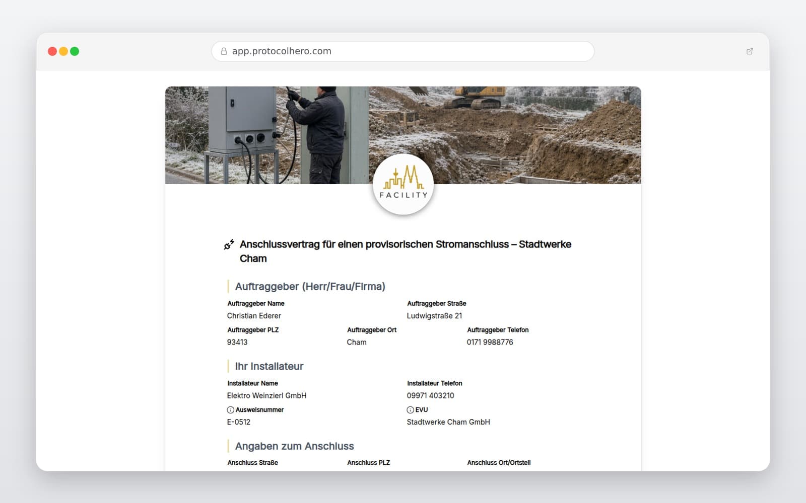 Vorschau der Vorlage „Anschlussvertrag für einen provisorischen Stromanschluss – Stadtwerke Cham"