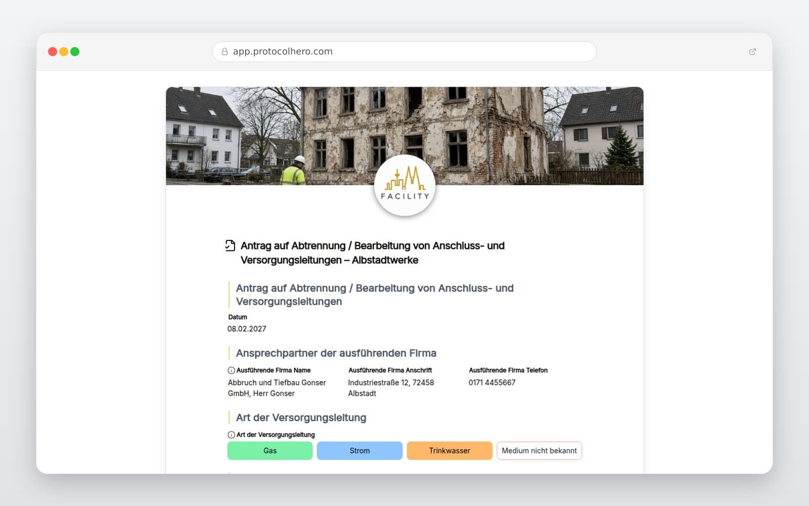 Vorschau der Vorlage „Antrag auf Abtrennung / Bearbeitung von Anschluss- und Versorgungsleitungen – Albstadtwerke"
