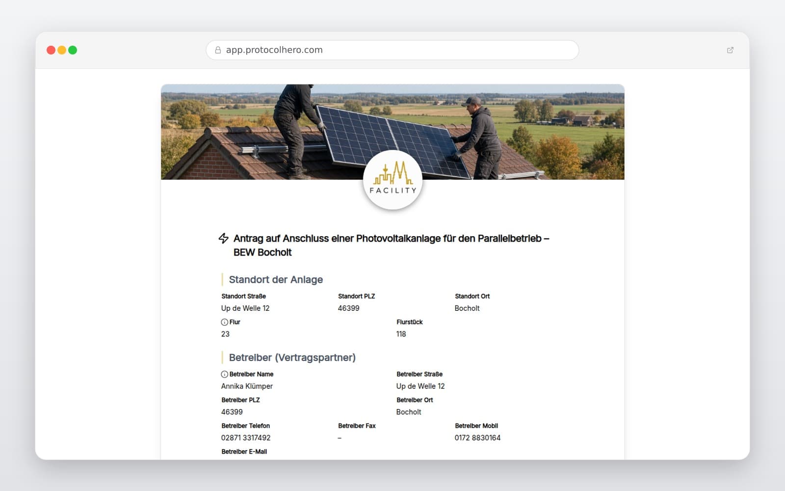 Vorschau der Vorlage „Antrag auf Anschluss einer Photovoltaikanlage für den Parallelbetrieb – BEW Bocholt"