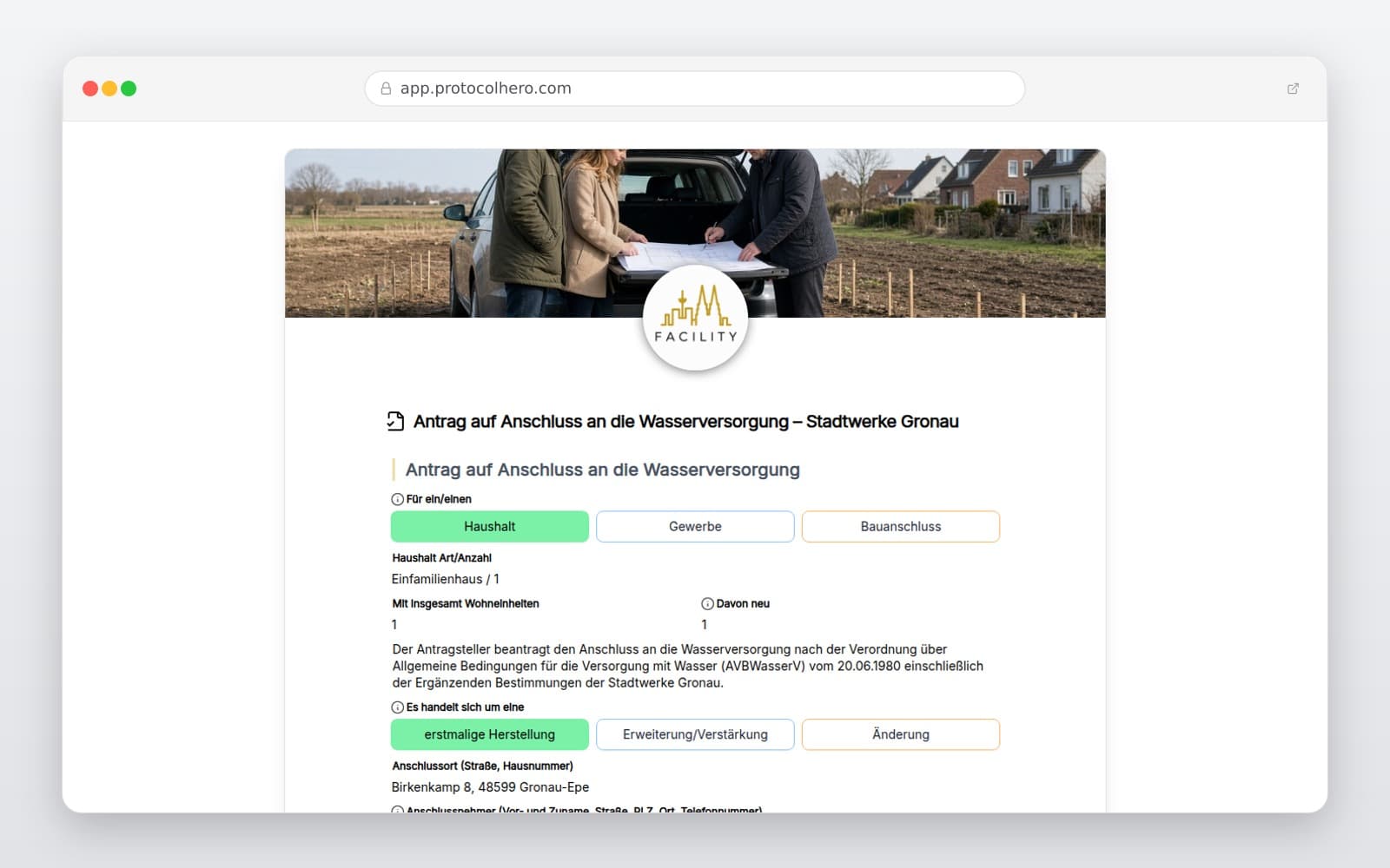 Vorschau der Vorlage „Antrag auf Anschluss an die Wasserversorgung – Stadtwerke Gronau"