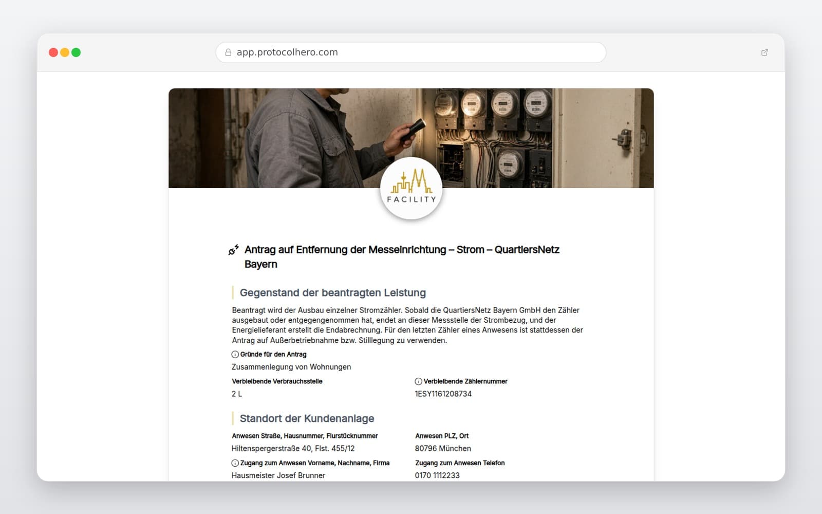 Vorschau der Vorlage „Antrag auf Entfernung der Messeinrichtung – Strom – QuartiersNetz Bayern"