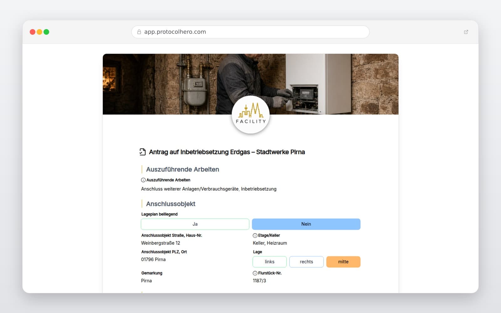 Vorschau der Vorlage „Antrag auf Inbetriebsetzung Erdgas – Stadtwerke Pirna"