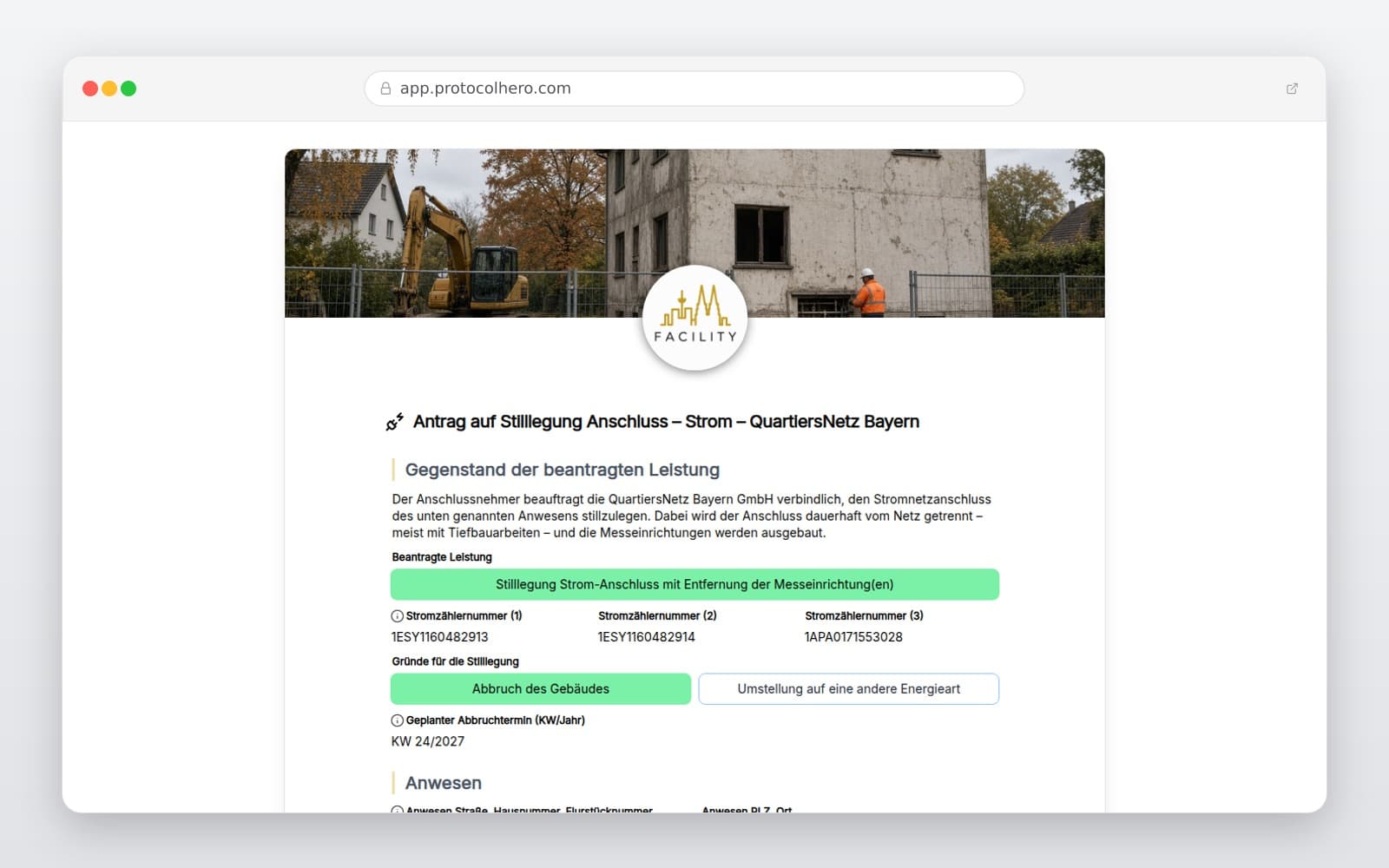 Vorschau der Vorlage „Antrag auf Stilllegung Anschluss – Strom – QuartiersNetz Bayern"