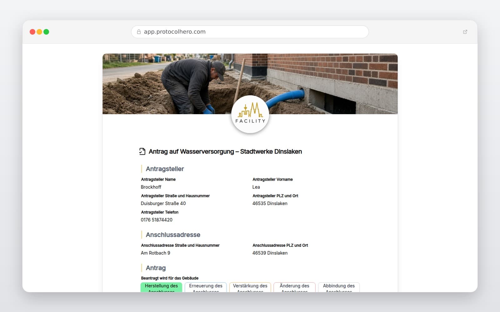 Vorschau der Vorlage „Antrag auf Wasserversorgung – Stadtwerke Dinslaken"