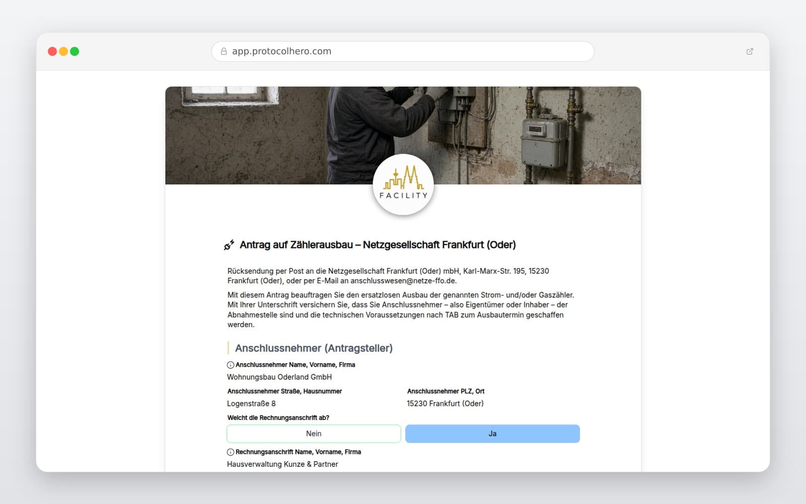 Vorschau der Vorlage „Antrag auf Zählerausbau – Netzgesellschaft Frankfurt (Oder)"