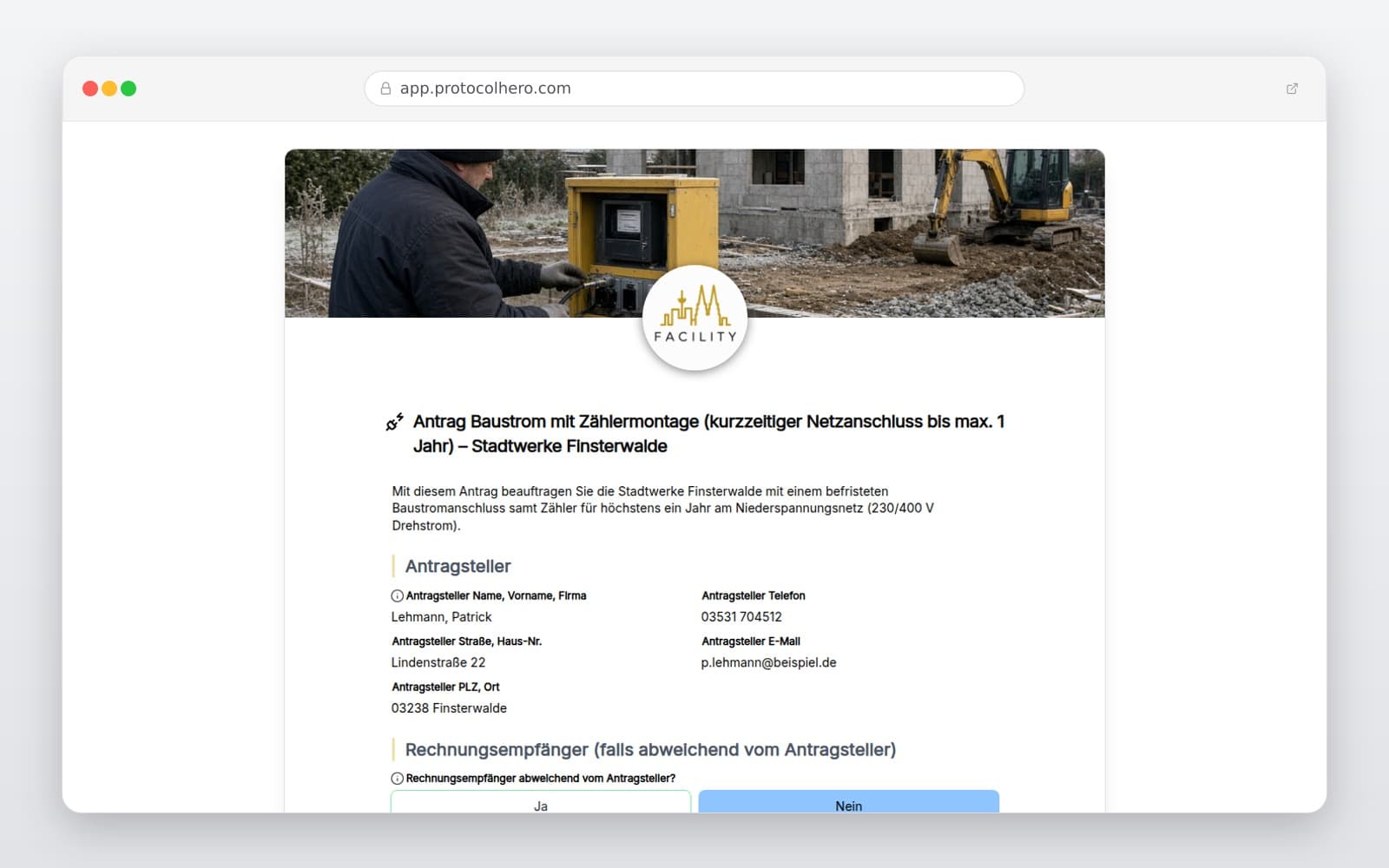 Vorschau der Vorlage „Antrag Baustrom mit Zählermontage (kurzzeitiger Netzanschluss bis max. 1 Jahr) – Stadtwerke Finsterwalde"