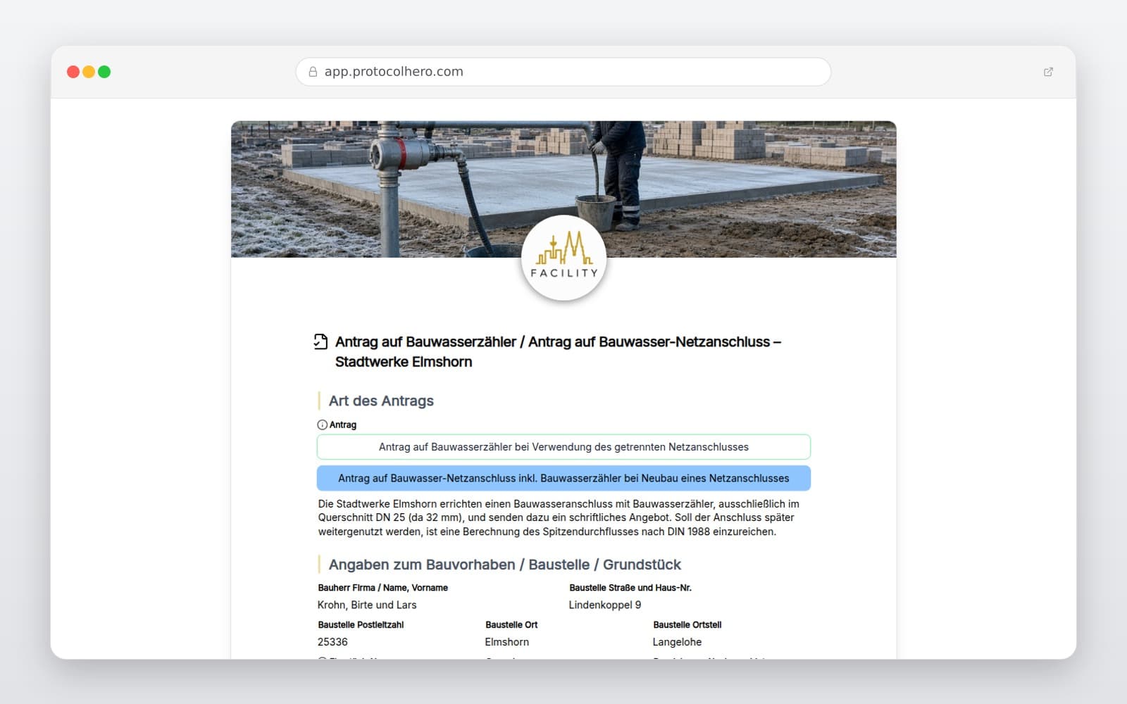 Vorschau der Vorlage „Antrag auf Bauwasserzähler / Antrag auf Bauwasser-Netzanschluss – Stadtwerke Elmshorn"