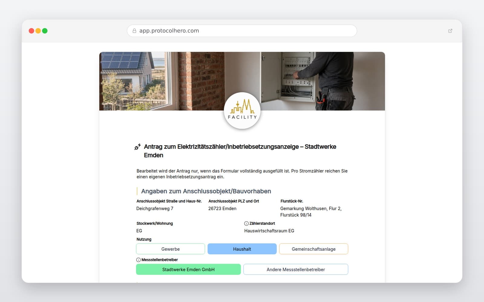 Vorschau der Vorlage „Antrag zum Elektrizitätszähler/Inbetriebsetzungsanzeige – Stadtwerke Emden"