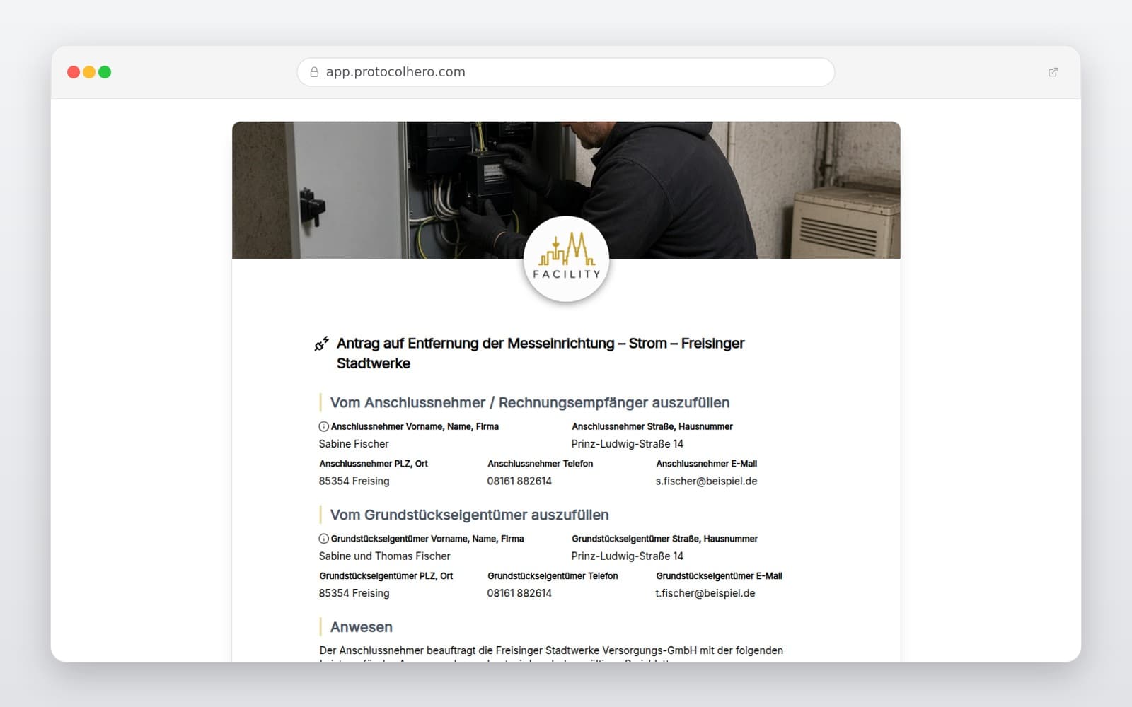 Vorschau der Vorlage „Antrag auf Entfernung der Messeinrichtung – Strom – Freisinger Stadtwerke"