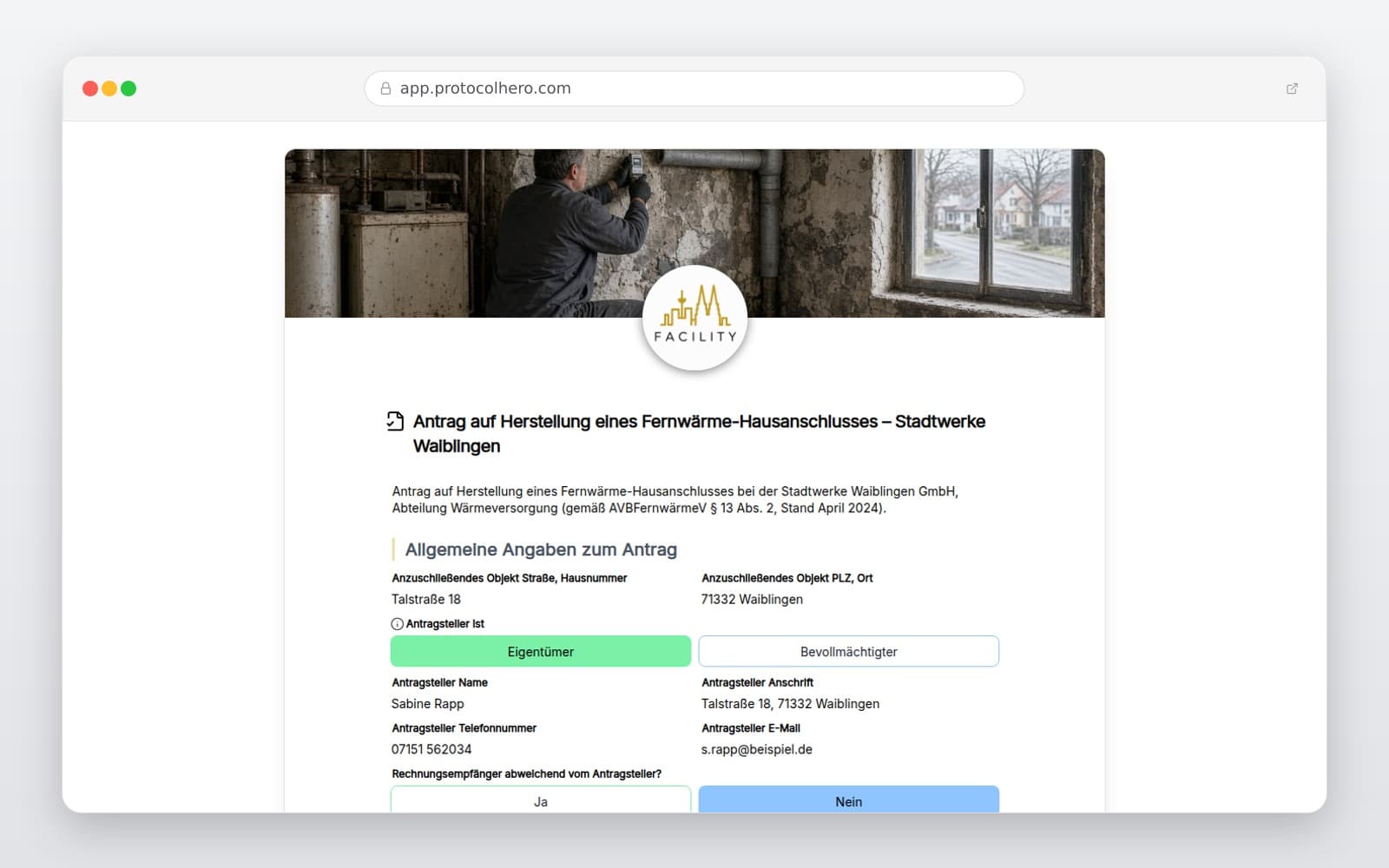 Vorschau der Vorlage „Antrag auf Herstellung eines Fernwärme-Hausanschlusses – Stadtwerke Waiblingen"