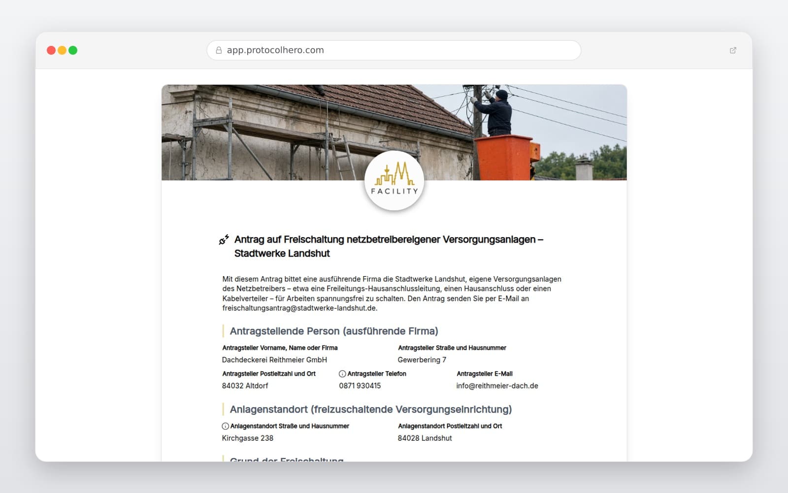 Vorschau der Vorlage „Antrag auf Freischaltung netzbetreibereigener Versorgungsanlagen – Stadtwerke Landshut"