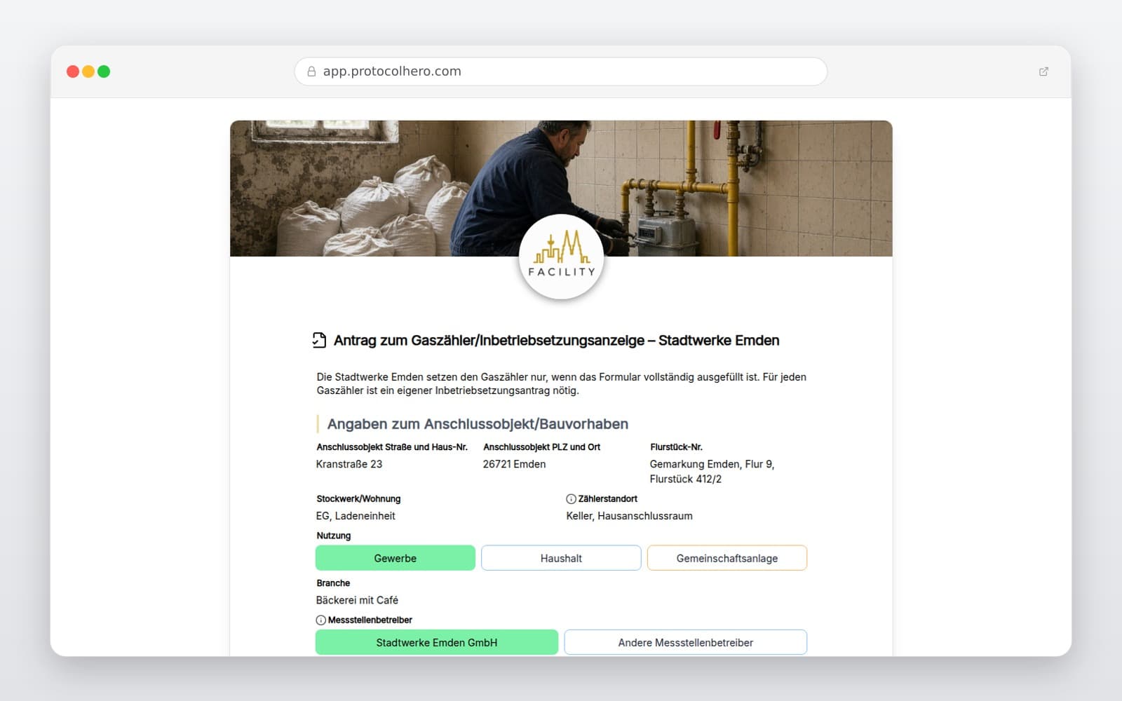 Vorschau der Vorlage „Antrag zum Gaszähler/Inbetriebsetzungsanzeige – Stadtwerke Emden"