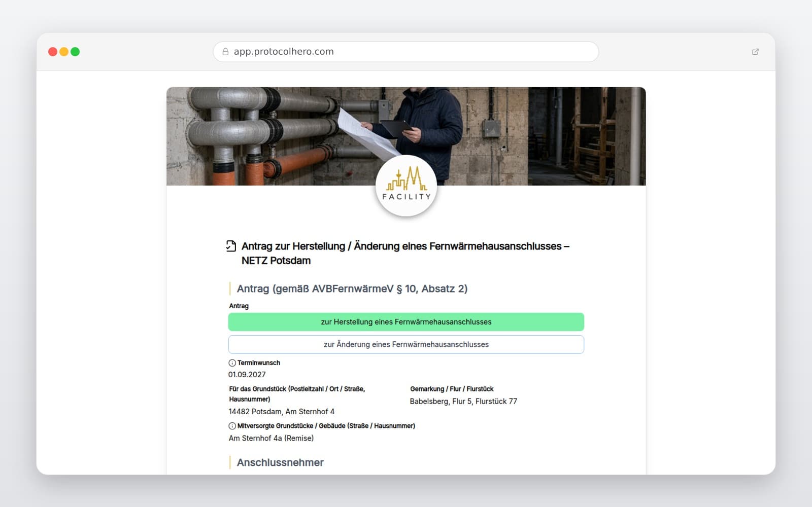 Vorschau der Vorlage „Antrag zur Herstellung / Änderung eines Fernwärmehausanschlusses – NETZ Potsdam"