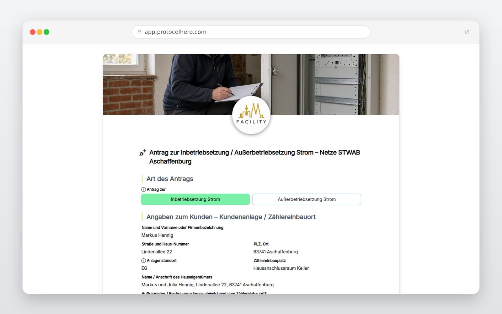Vorschau der Vorlage „Antrag zur Inbetriebsetzung / Außerbetriebsetzung Strom – Netze STWAB Aschaffenburg"