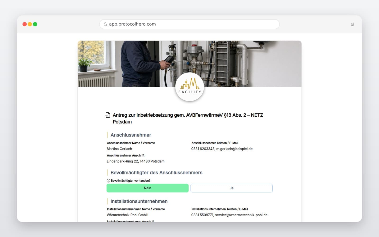 Vorschau der Vorlage „Antrag zur Inbetriebsetzung gem. AVBFernwärmeV §13 Abs. 2 – NETZ Potsdam"