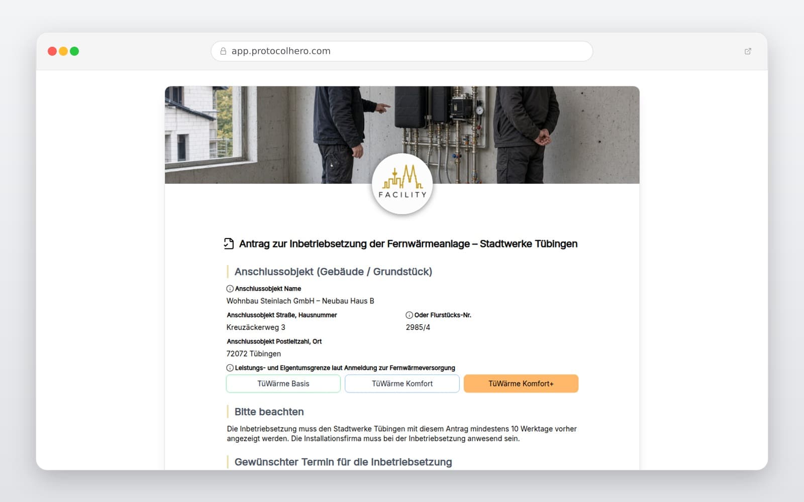 Vorschau der Vorlage „Antrag zur Inbetriebsetzung der Fernwärmeanlage – Stadtwerke Tübingen"